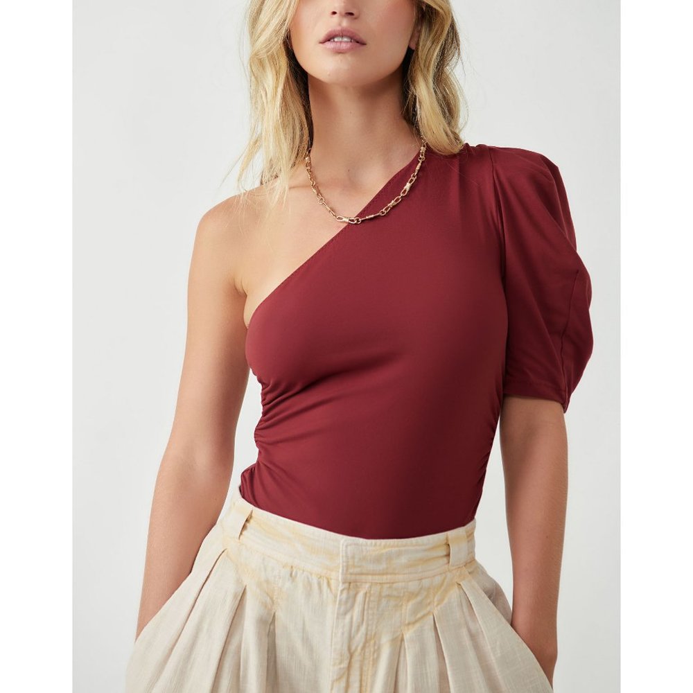 Free People One-Shoulder Bodysuit in Burgundy